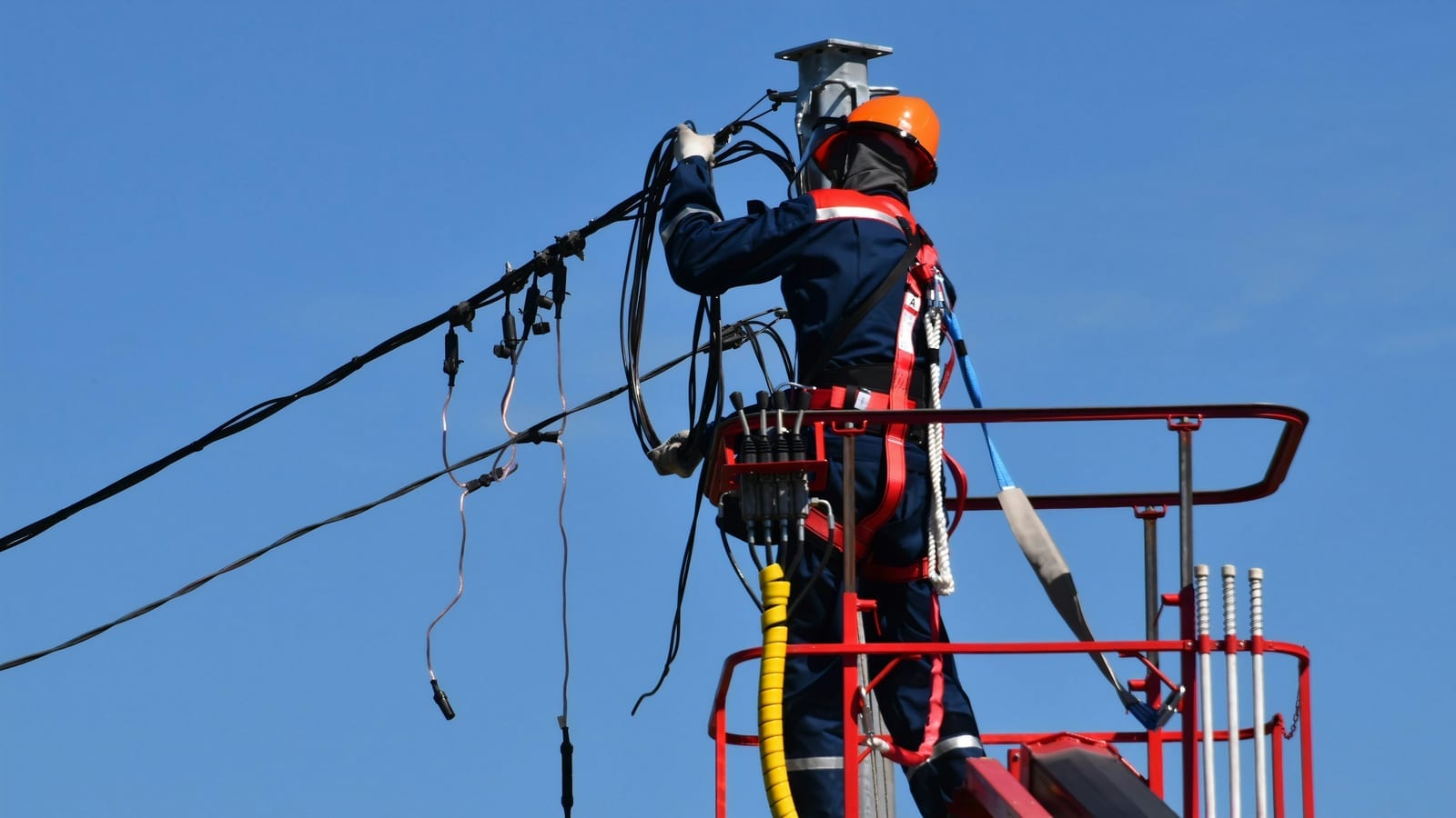 Technicien en nacelle, casque orange et harnais de sécurité, intervenant sur des câbles électriques aériens