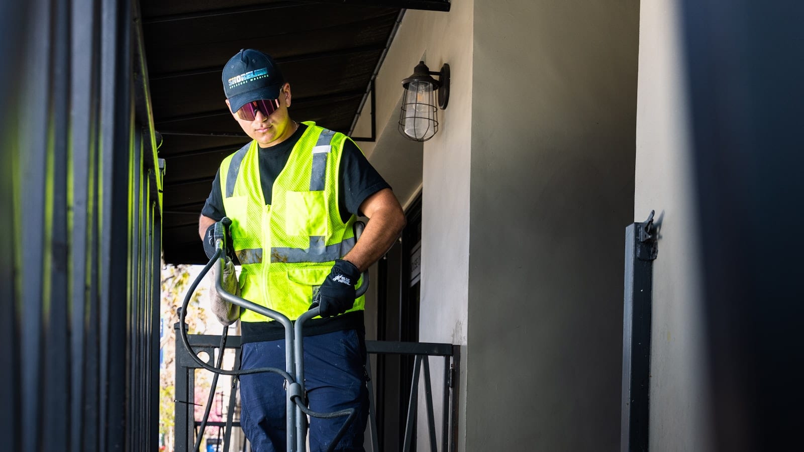 Agent de nettoyage professionnel en tenue de sécurité sur un site d'intervention