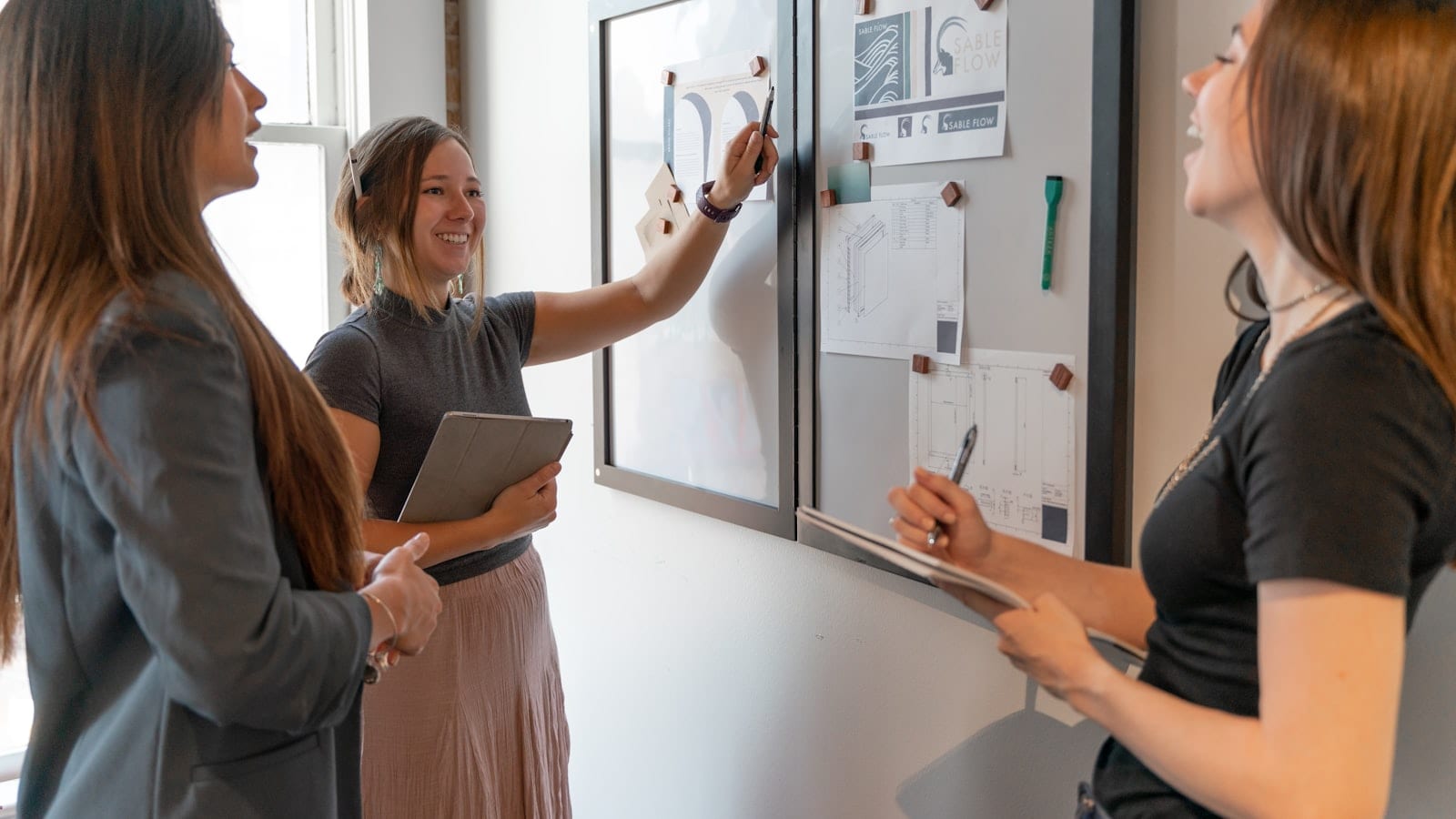 Équipe réunie autour d'un tableau pour un point d'organisation hebdomadaire